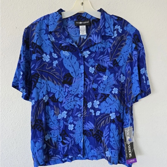 Sag Harbor Jacket Floral Womens Large Blue Black Short Sleeves Button Up Padded - Picture 4 of 12